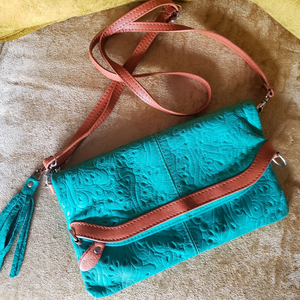 Stamped Teal Genuine Leather Purse